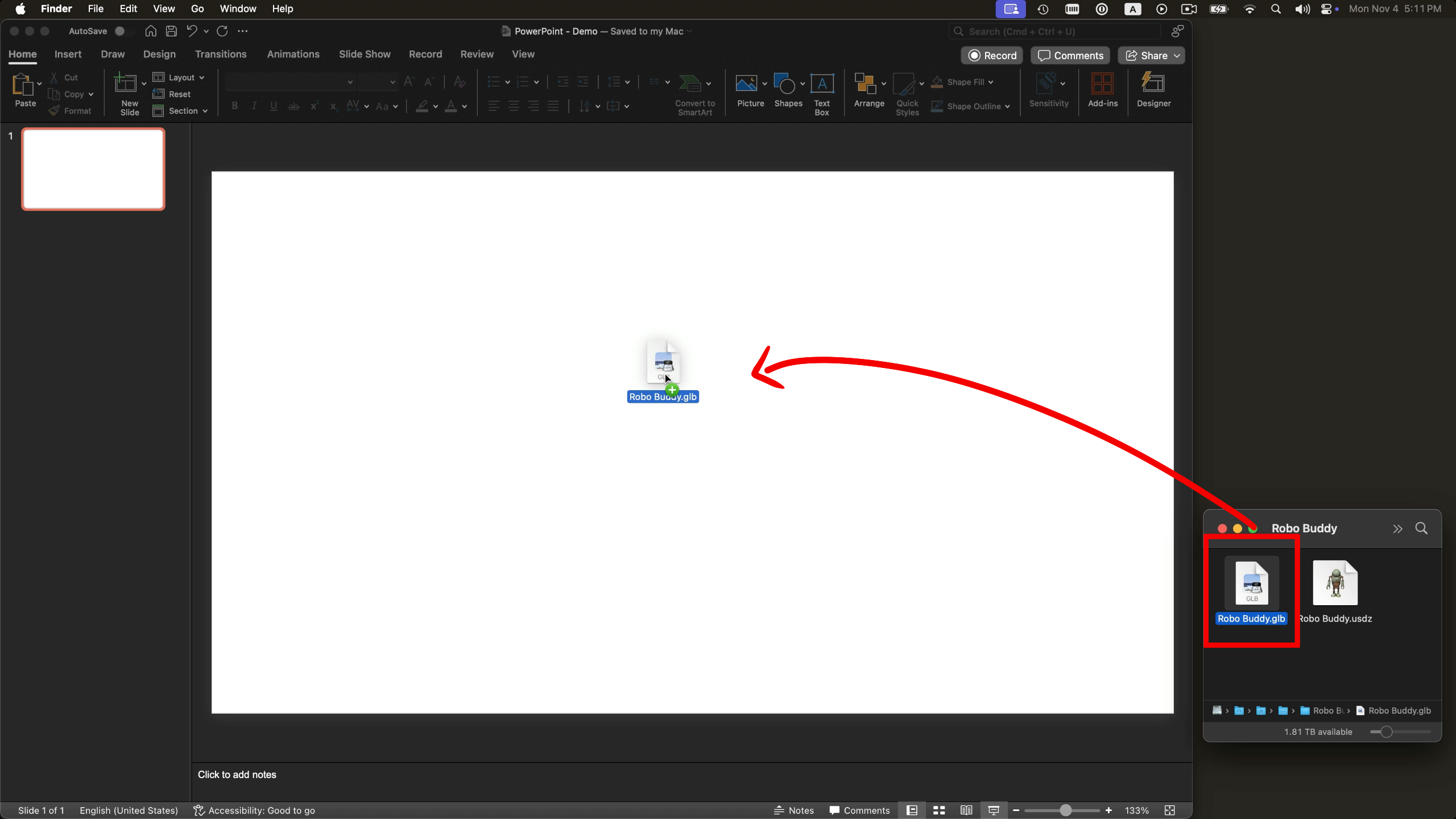 Import the GLB file by dragging it into PowerPoint