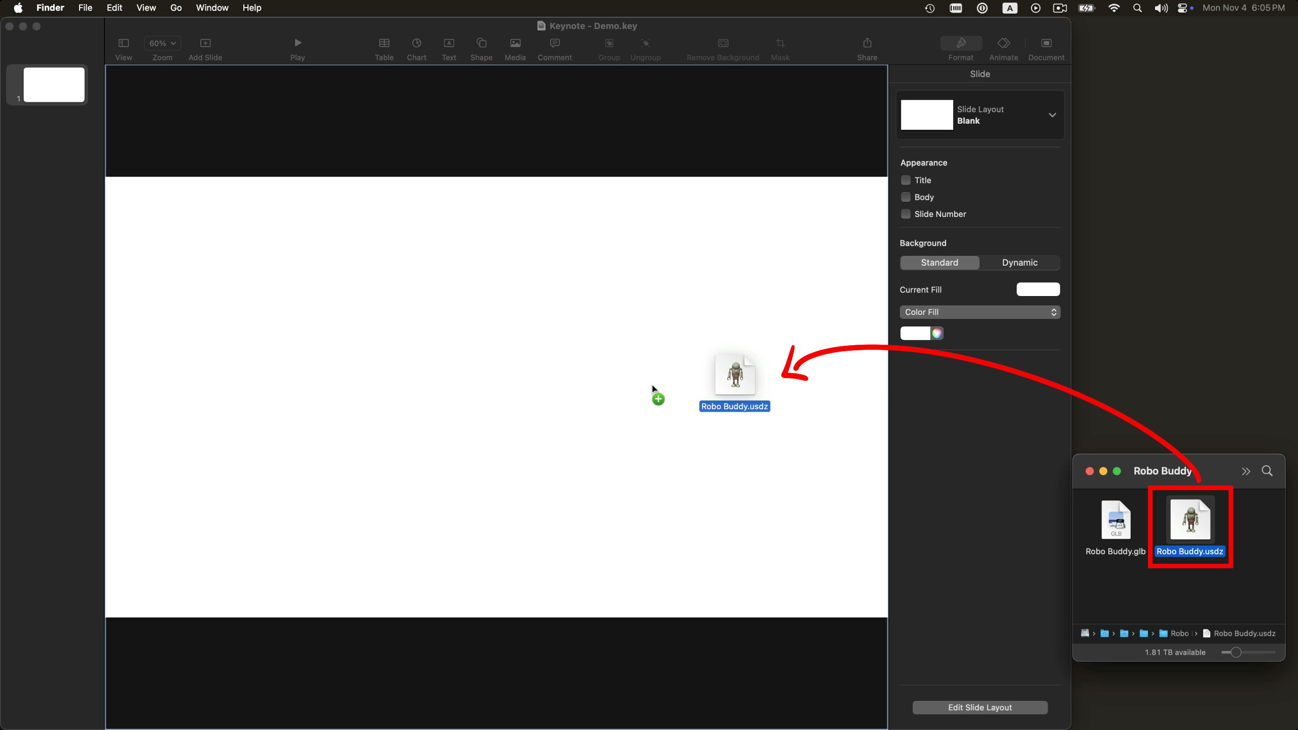 Import the USDZ file by dragging it into Keynote